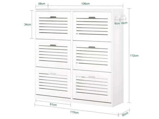 SoBuy Meuble à Chaussures à 6 Abattants, Meuble De Rangement à Chaussures, Armoire à Chaussures Coffre De Rangement Avec 2 Crochets, Grande Capacité Pour Entree, Couloir, 115x30x112 Cm, FSR145-W -Meilleur Meubles Magasin meuble de rangement 23171741