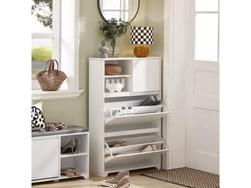 Meuble à Chaussures, Armoire à Chaussures, 2 Compartiments Ouverts Et 1 Porte Blanc, FSR111-W -Meilleur Meubles Magasin meuble de rangement 23913127
