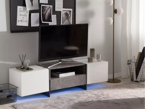 Meuble TV Blanc Et Gris Béton Avec éclairage LED RUSSEL -Meilleur Meubles Magasin meuble tv 16197941