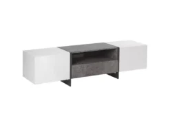 Meuble TV Blanc Et Gris Béton Avec éclairage LED RUSSEL -Meilleur Meubles Magasin meuble tv 16197949
