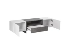 Meuble TV Blanc Et Gris Béton Avec éclairage LED RUSSEL -Meilleur Meubles Magasin meuble tv 16197951