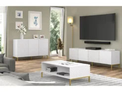 Meuble TV SURF 200 Cm 4D Fraisé Blanc Matpieds En Métal Doré -Meilleur Meubles Magasin meuble tv 21214333