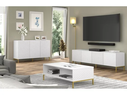 Meuble TV SURF 200 Cm 4D Fraisé Blanc Matpieds En Métal Doré -Meilleur Meubles Magasin meuble tv 21214333