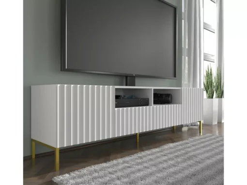 Meuble TV WAVE 200 Cm 2D2S Blanc Mat Pieds En Métal Doré -Meilleur Meubles Magasin meuble tv 21214335
