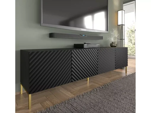 Meuble TV SURF 200 Cm 4D Fraisé Noir Matpieds En Métal Doré -Meilleur Meubles Magasin meuble tv 21214359