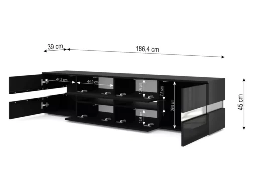 Meuble TV VIPER 186 Cm Panneau MDF Noir Mat / Noir Brillant + éclairage LED -Meilleur Meubles Magasin meuble tv 21771891