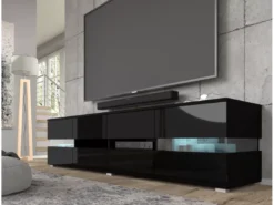 Meuble TV VIPER 186 Cm Panneau MDF Noir Mat / Noir Brillant + éclairage LED -Meilleur Meubles Magasin meuble tv 21771893