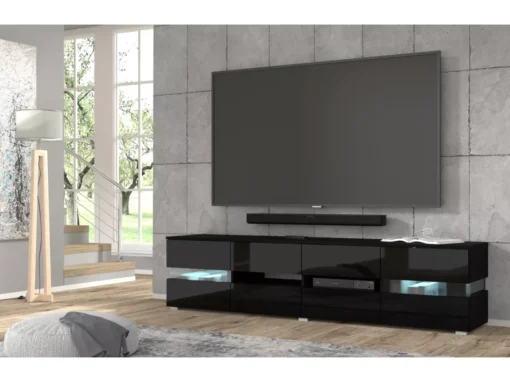 Meuble TV VIPER 186 Cm Panneau MDF Noir Mat / Noir Brillant + éclairage LED -Meilleur Meubles Magasin meuble tv 21771895