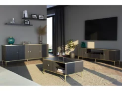 Meuble TV PETRA 180 Cm 2D1S Noir Mat Avec Pieds Dorés -Meilleur Meubles Magasin meuble tv 21771939