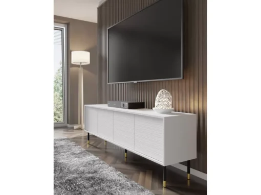 Meuble TV SHERWOOD 4D 180 Cm Fraisé Sur Pieds Blanc Mat -Meilleur Meubles Magasin meuble tv 23499619