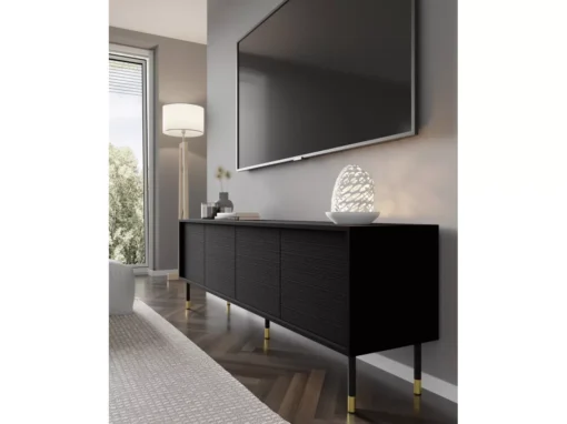 Meuble TV SHERWOOD 4D 180 Cm Fraisé Sur Pieds Noir Mat -Meilleur Meubles Magasin meuble tv 23499697