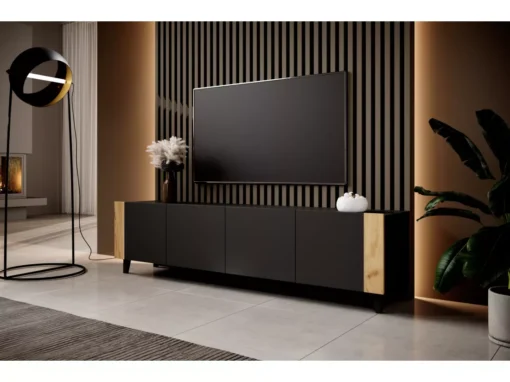 Meuble TV PHARE 200 Cm - 4 Portes - Noir Mat / Chêne Craft -Meilleur Meubles Magasin meuble tv 23971813