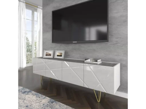 Meuble TV SPACE 180 Cm 4D Fraisée Blanc Brillant / Béton -Meilleur Meubles Magasin meuble tv 24153489