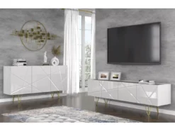 Meuble TV SPACE 180 Cm 4D Fraisée Blanc Brillant / Béton -Meilleur Meubles Magasin meuble tv 24153491