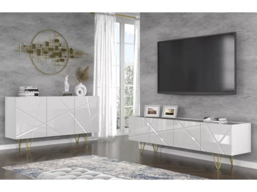 Meuble TV SPACE 180 Cm 4D Fraisée Blanc Brillant / Béton -Meilleur Meubles Magasin meuble tv 24153491