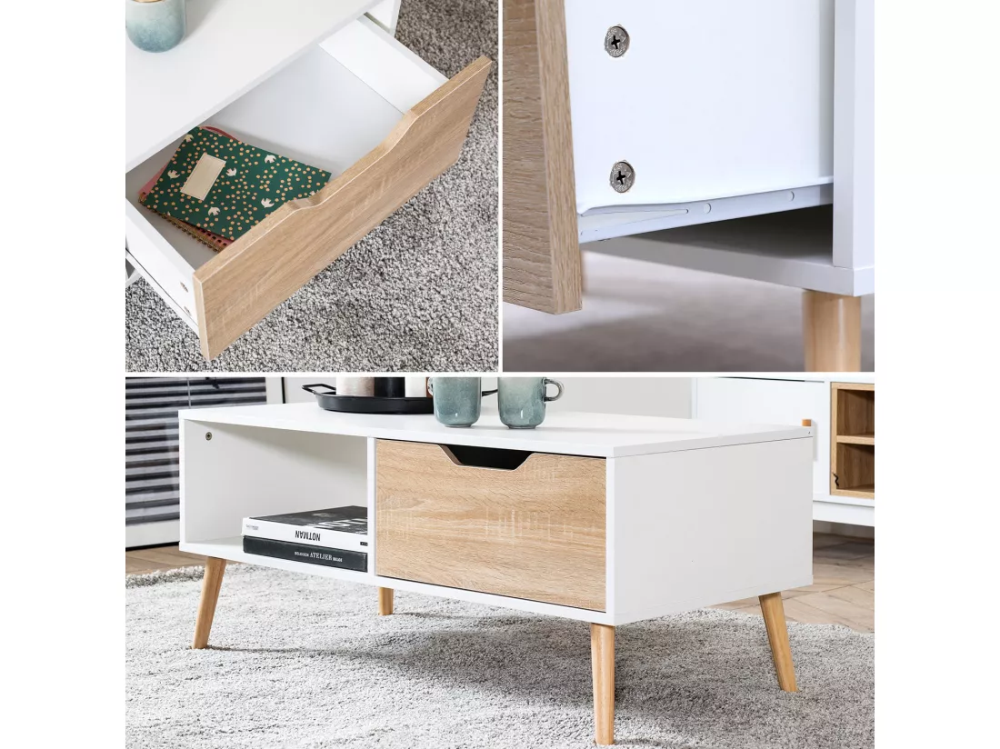Table Basse Avec Tiroir Style Scandinave Blanche FREJA - HAPPY GARDEN 6 Table Basse Avec Tiroir Style Scandinave Blanche FREJA - HAPPY GARDEN – Image 4