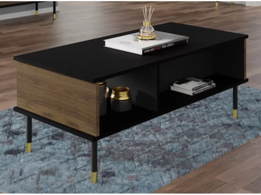 Table Basse SHERWOOD 110x55 Cm Fraisée Sur Pieds Noir Mat / Chêne Catania -Meilleur Meubles Magasin table basse 23499713