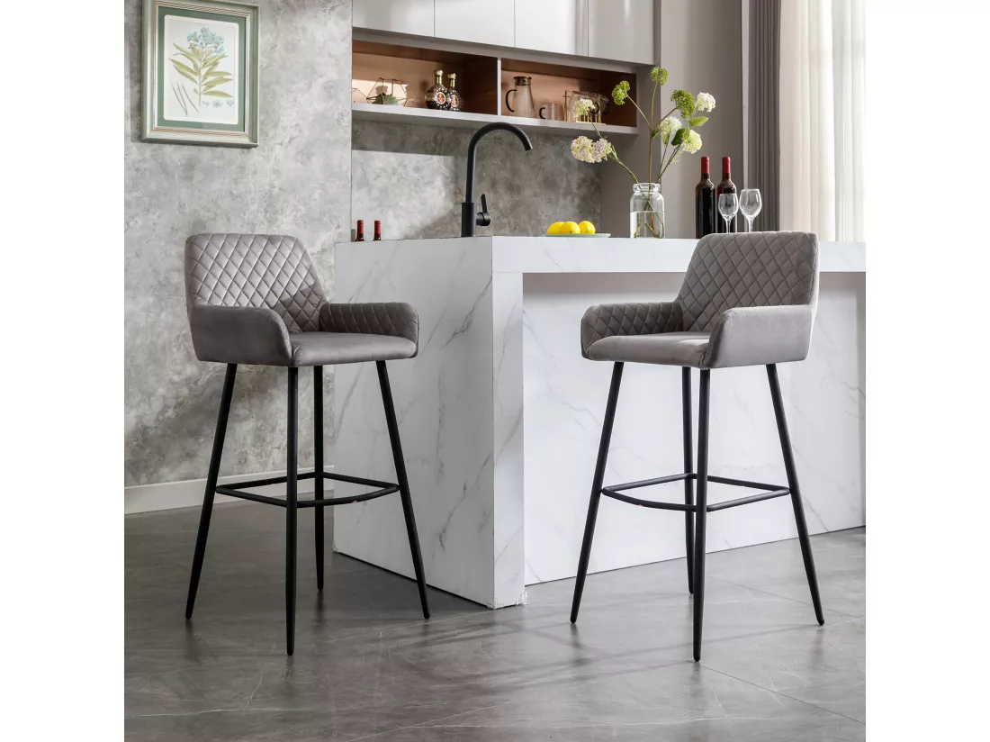 Ensemble De 2 Tabourets De Bar En Velours Gris Avec Siège Rembourré 3 Ensemble De 2 Tabourets De Bar En Velours Gris Avec Siège Rembourré
