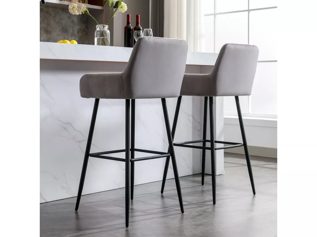 Ensemble De 2 Tabourets De Bar En Velours Gris Avec Siège Rembourré 4 Ensemble De 2 Tabourets De Bar En Velours Gris Avec Siège Rembourré – Image 2